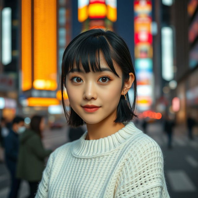 A young cute Korean woman standing confidently in front of a nighttime urban background