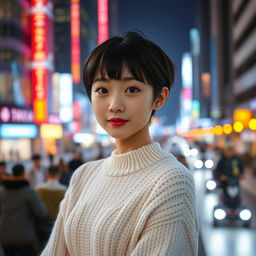 A young cute Korean woman standing confidently in front of a nighttime urban background