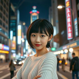 A young cute Korean woman standing confidently in front of a nighttime urban background