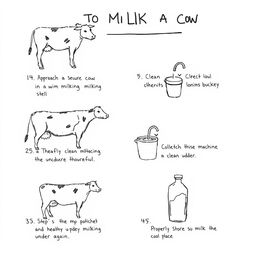 A black and white sketch-style infographic illustrating the steps to milk a cow