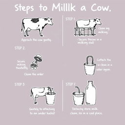 A black and white sketch-style infographic illustrating the steps to milk a cow