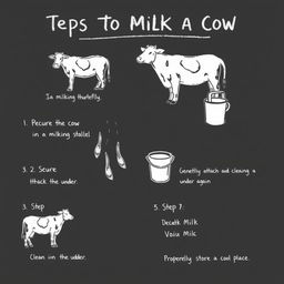 A black and white sketch-style infographic illustrating the steps to milk a cow