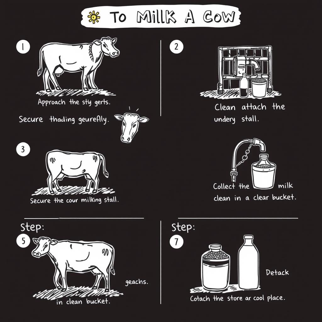 A black and white sketch-style infographic illustrating the steps to milk a cow