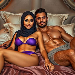 A beautiful woman wearing a hijab is lying down on a luxurious bed, showing a confident and alluring expression