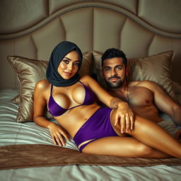 A beautiful woman wearing a hijab is lying down on a luxurious bed, showing a confident and alluring expression