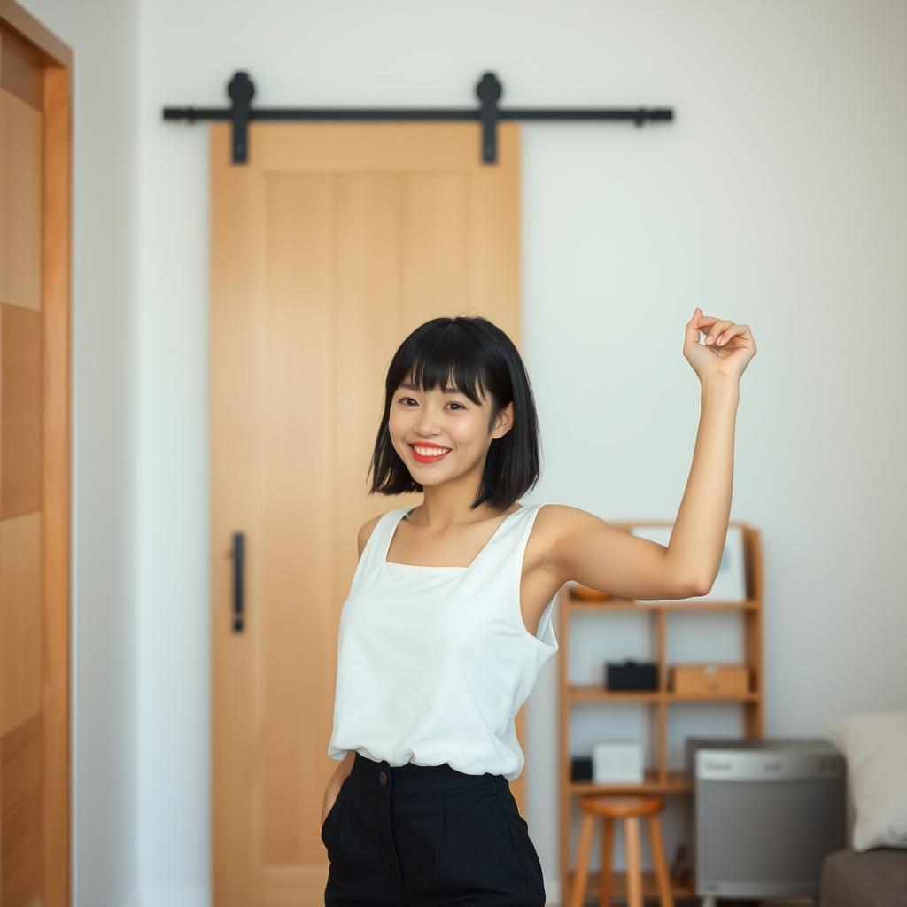 A cute young Japanese woman indoors, dressed in a white sleeveless top and black pants