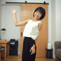 A cute young Japanese woman indoors, dressed in a white sleeveless top and black pants