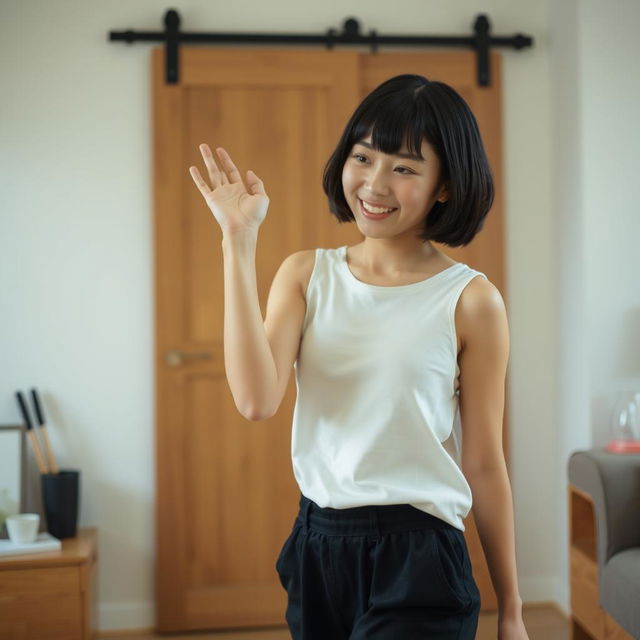 A cute young Japanese woman indoors, dressed in a white sleeveless top and black pants