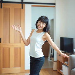 A cute young Japanese woman indoors, dressed in a white sleeveless top and black pants