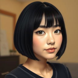 A realistic portrait of a young woman with a short, straight black bob haircut and soft bangs, looking directly at the camera