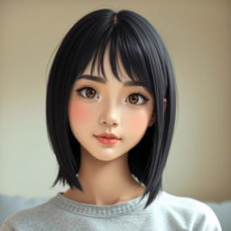 A realistic portrait of a young woman with a short, straight black bob haircut and soft bangs, looking directly at the camera