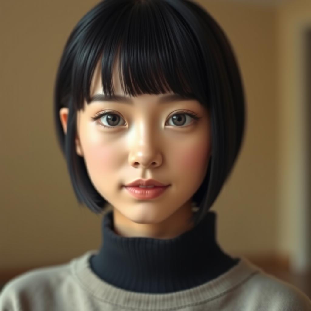 A realistic portrait of a young woman with a short, straight black bob haircut and soft bangs, looking directly at the camera