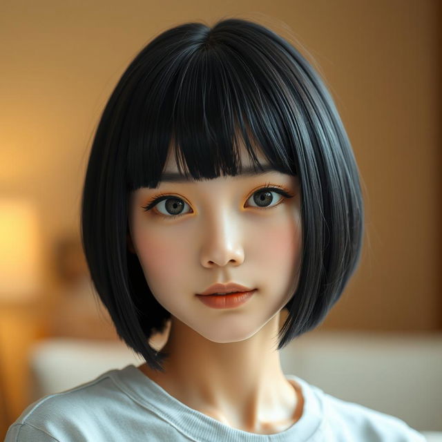 A realistic portrait of a young woman with a short, straight black bob haircut and soft bangs, looking directly at the camera