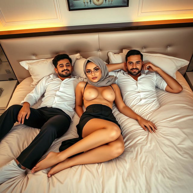 A twenty-year-old woman wearing a stylish hijab and a fashionable short skirt, artfully posed while lying topless on a luxurious bed with two attractive men beside her