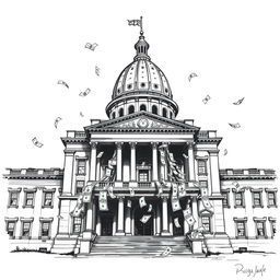 A dramatic black and white drawing of the Oregon State Capitol building, highlighting its architectural details in a sketch style