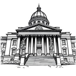 A dramatic black and white drawing of the Oregon State Capitol building, highlighting its architectural details in a sketch style