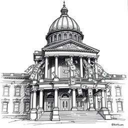 A dramatic black and white drawing of the Oregon State Capitol building, highlighting its architectural details in a sketch style