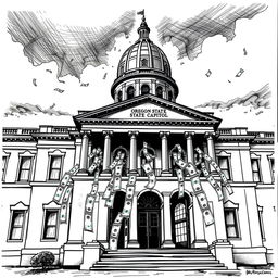 A dramatic black and white drawing of the Oregon State Capitol building, highlighting its architectural details in a sketch style