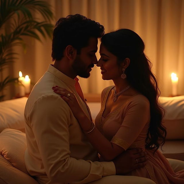 A romantic and intimate scene depicting a passionate moment between a beautiful Indian couple, highlighting the warmth of their love