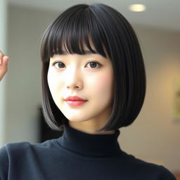 A young Korean woman with a short, straight black bob hairstyle and blunt bangs, showcasing a realistic and natural appearance