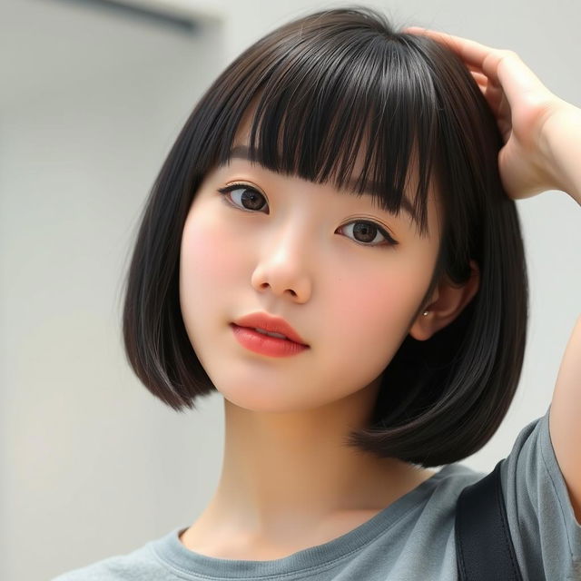 A young Korean woman with a short, straight black bob hairstyle and blunt bangs, showcasing a realistic and natural appearance