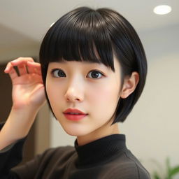 A young Korean woman with a short, straight black bob hairstyle and blunt bangs, showcasing a realistic and natural appearance