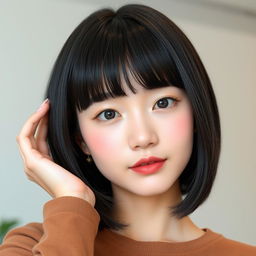 A young Korean woman with a short, straight black bob hairstyle and blunt bangs, showcasing a realistic and natural appearance