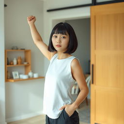 A young Korean woman indoors, wearing a white sleeveless top and black loose-fitting pants