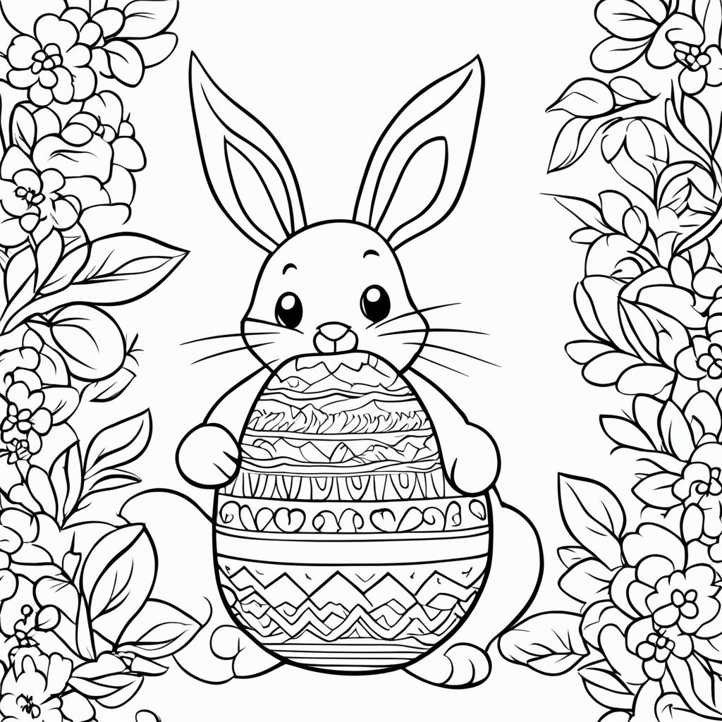 A minimalist colouring page featuring the Easter Bunny holding an Easter egg