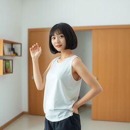 A young Korean woman indoors, wearing a white sleeveless top and black loose-fitting pants