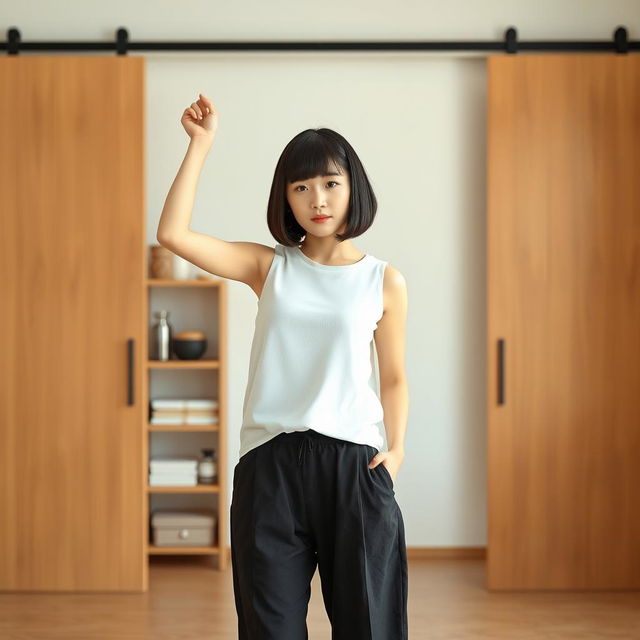 A young Korean woman indoors, wearing a white sleeveless top and black loose-fitting pants