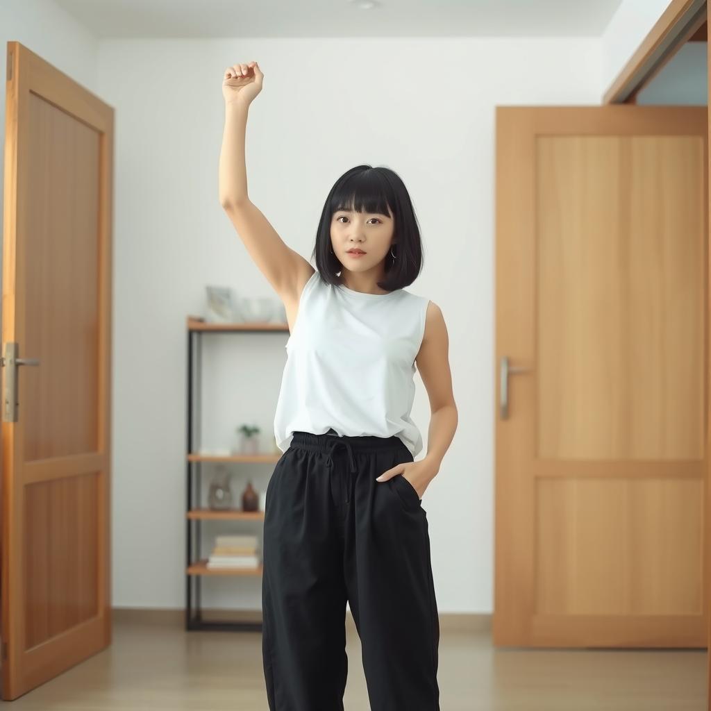 A young Korean woman indoors, wearing a white sleeveless top and black loose-fitting pants