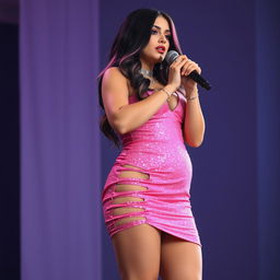 A full-length image of a 19-year-old beautiful girl with an hourglass figure, featuring a tight rounded belly and curvy thighs