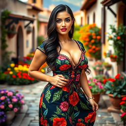 A beautiful curvy Spanish model wearing a traditional dress that features vibrant floral patterns, accentuating her hourglass figure