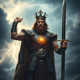 A powerful king standing tall, with a crown embedded in his chest symbolizing strength and sacrifice
