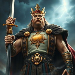A powerful king standing tall, with a crown embedded in his chest symbolizing strength and sacrifice