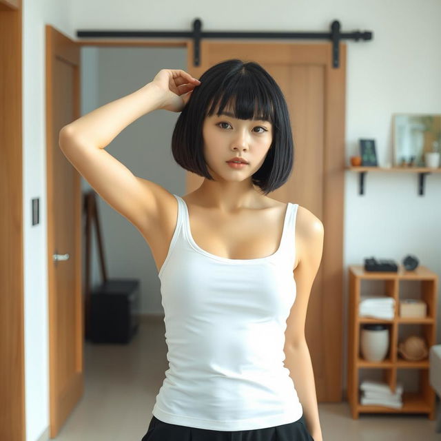 A young Japanese woman indoors, wearing a tight-fitting white sleeveless top that accentuates her figure, complemented by black loose-fitting pants