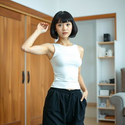 A young Japanese woman indoors, wearing a tight-fitting white sleeveless top that accentuates her figure, complemented by black loose-fitting pants