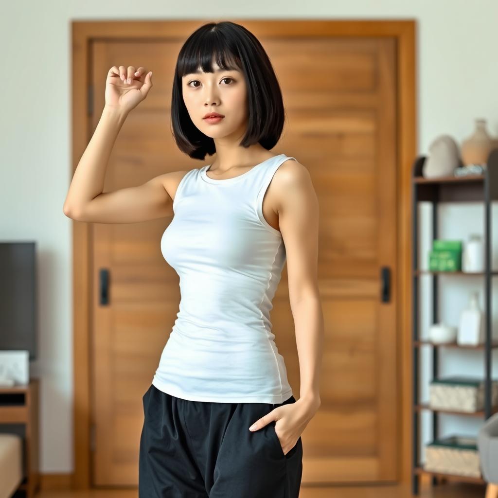 A young Japanese woman indoors, wearing a tight-fitting white sleeveless top that accentuates her figure, complemented by black loose-fitting pants