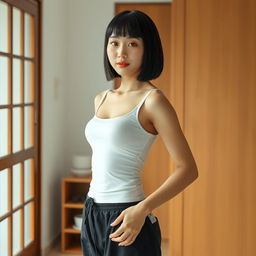 A full-body portrait of a young beautiful Korean woman indoors, wearing a tight-fitting white sleeveless top that elegantly accentuates her figure, paired with black loose-fitting pants