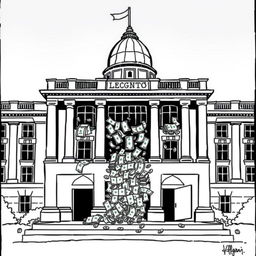 A simple black-and-white political cartoon featuring the Oregon State Capitol building, prominently displaying its distinctive architectural elements