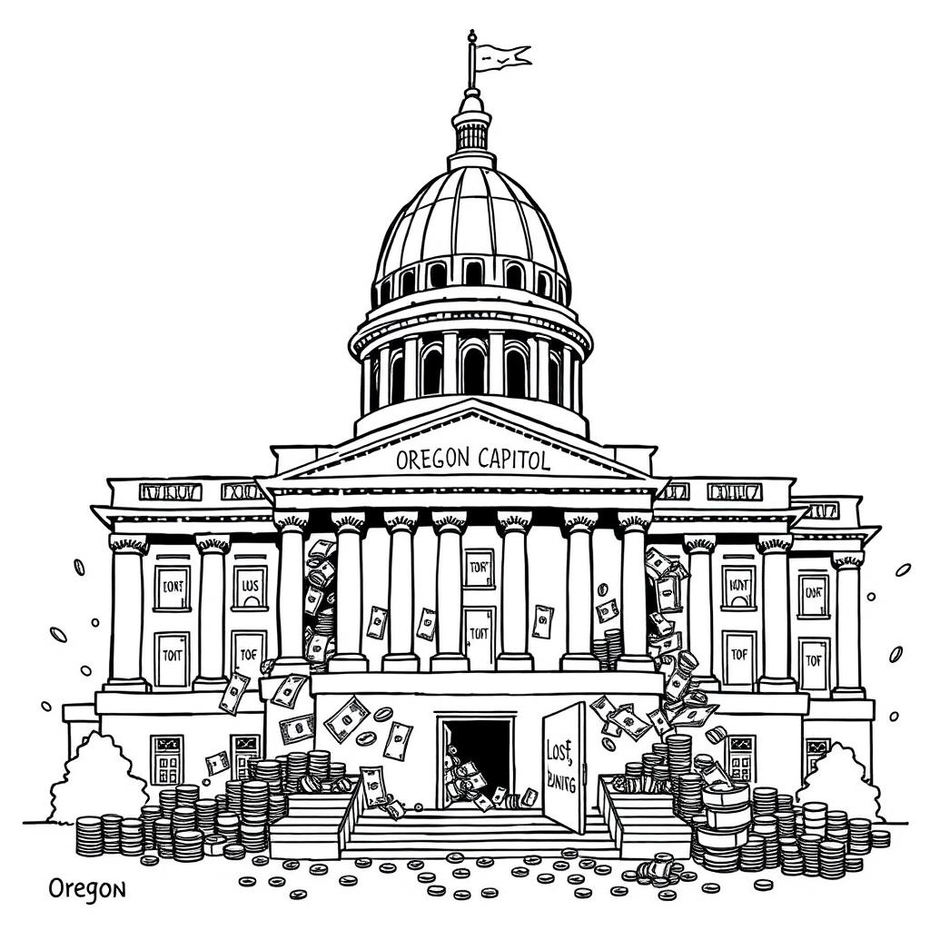 A simple black-and-white political cartoon featuring the Oregon State Capitol building, prominently displaying its distinctive architectural elements