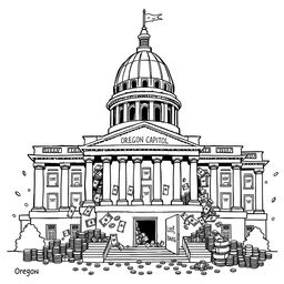 A simple black-and-white political cartoon featuring the Oregon State Capitol building, prominently displaying its distinctive architectural elements