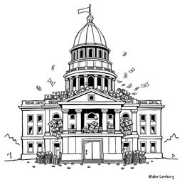 A simple black-and-white political cartoon featuring the Oregon State Capitol building, prominently displaying its distinctive architectural elements