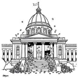 A simple black-and-white political cartoon featuring the Oregon State Capitol building, prominently displaying its distinctive architectural elements