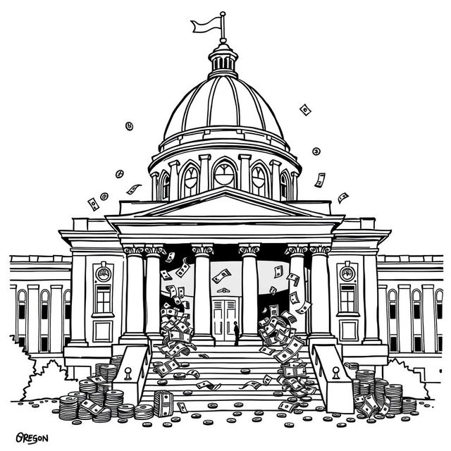 A simple black-and-white political cartoon featuring the Oregon State Capitol building, prominently displaying its distinctive architectural elements