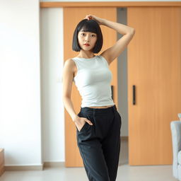 A young and cute Korean woman standing indoors, wearing a form-fitting white sleeveless top paired with black loose-fitting pants