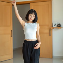 A young and cute Korean woman standing indoors, wearing a form-fitting white sleeveless top paired with black loose-fitting pants