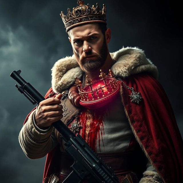 A powerful image of a king with a jeweled crown embedded in his chest, blood oozing from the wound, holding a firearm firmly in his hand