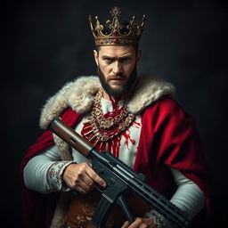 A powerful image of a king with a jeweled crown embedded in his chest, blood oozing from the wound, holding a firearm firmly in his hand